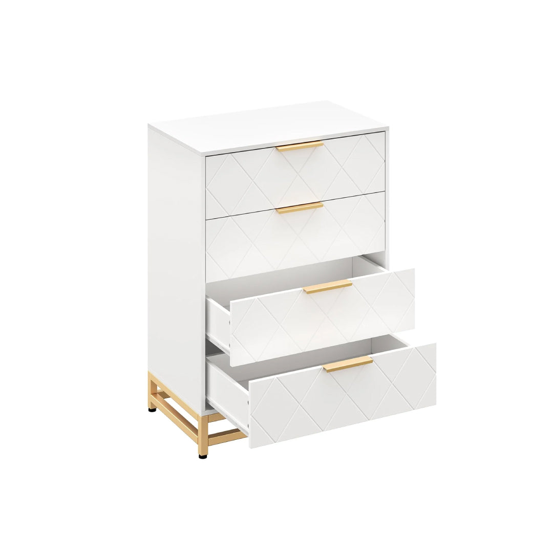 Modern white dresser with 4 drawers, gold metal base and handles, contemporary bedroom storage cabinet with geometric front design